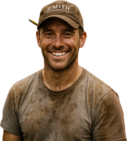Man in dirty work clothes smiling, wearing a brown cap with a pencil behind his ear.