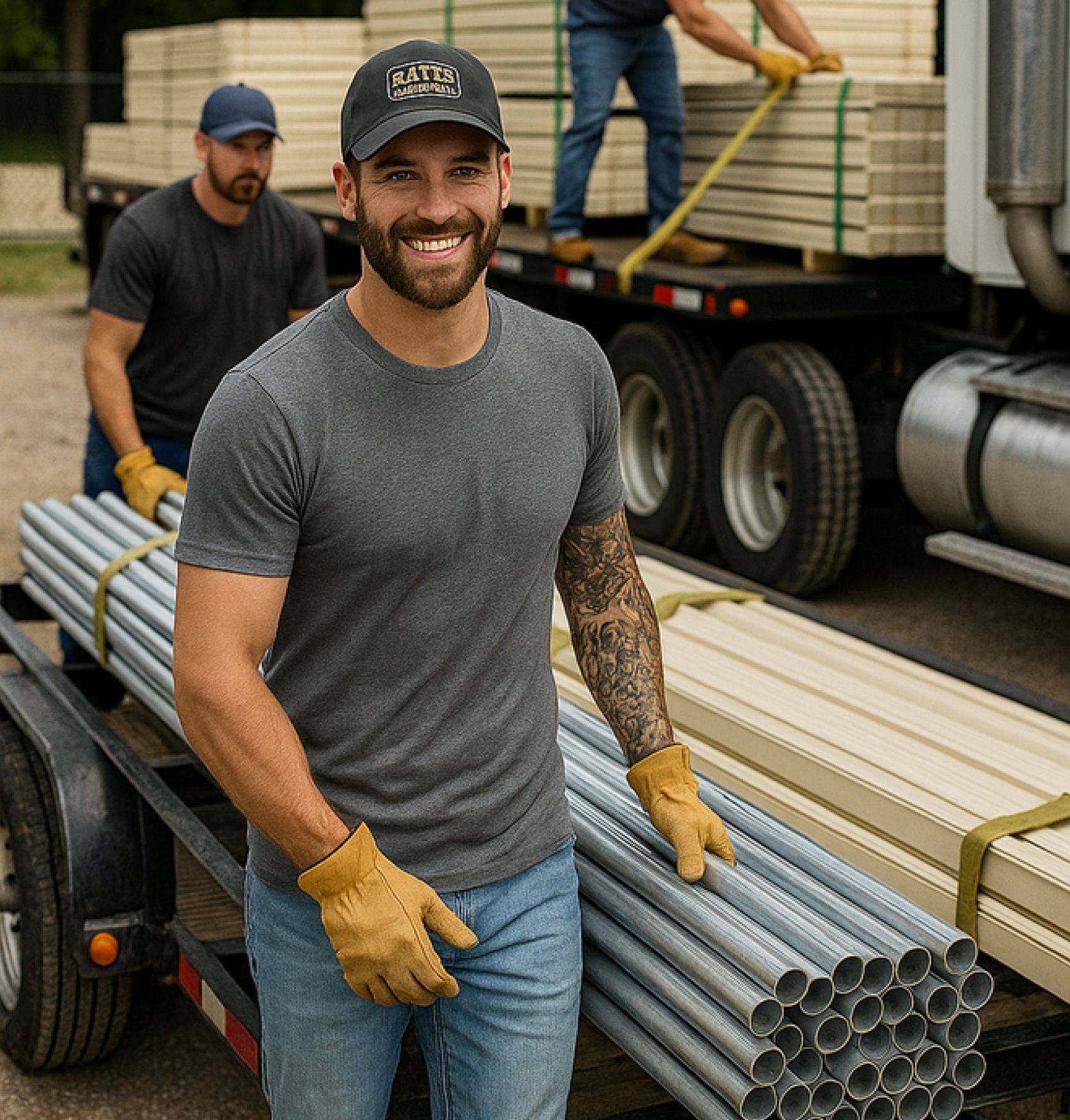 Man in work clothes smiling, carrying pipes; others loading lumber onto truck.