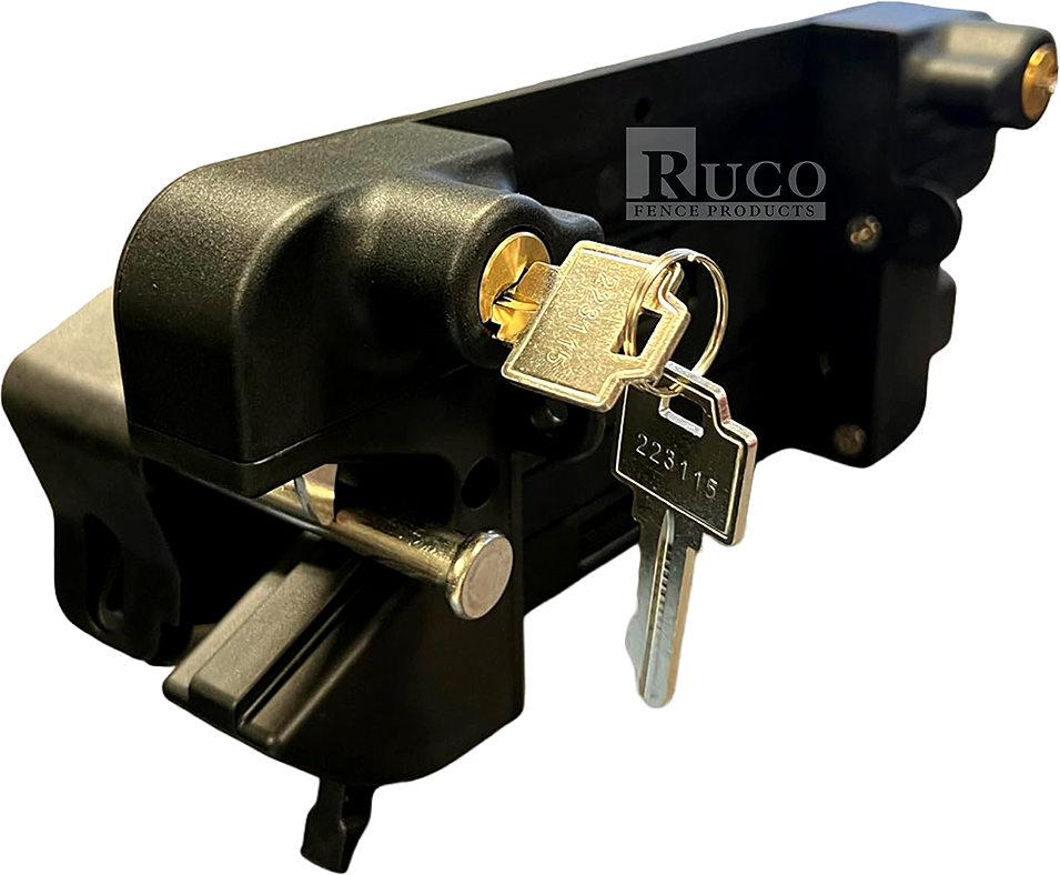 Black key lock in a metal vise with two keys inserted