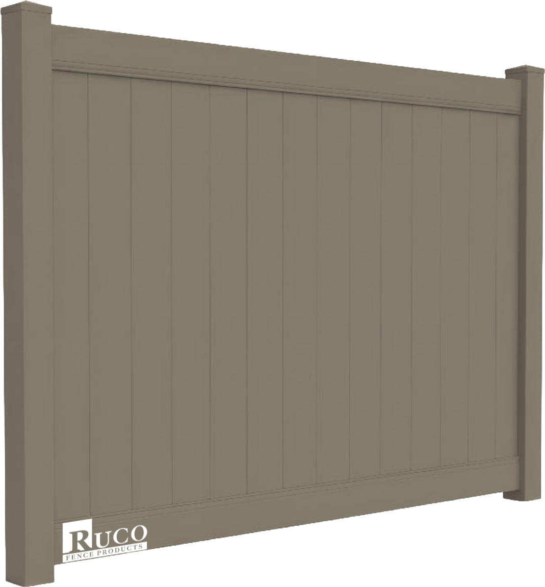Brown privacy fence panel with vertical slats and posts