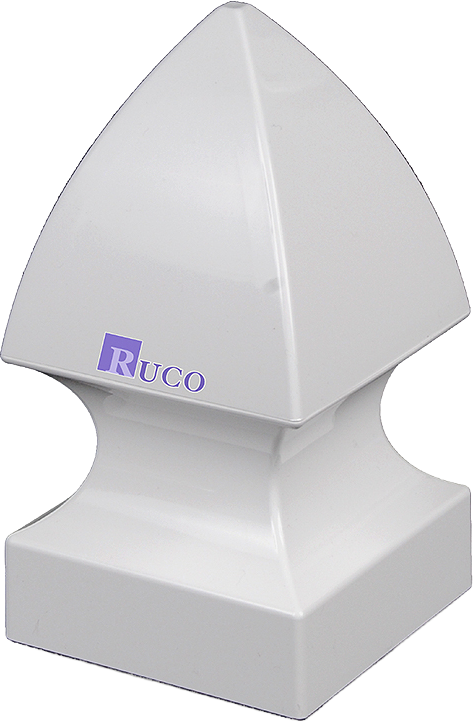 White Nuco decorative post cap with a pointed top on a plain background