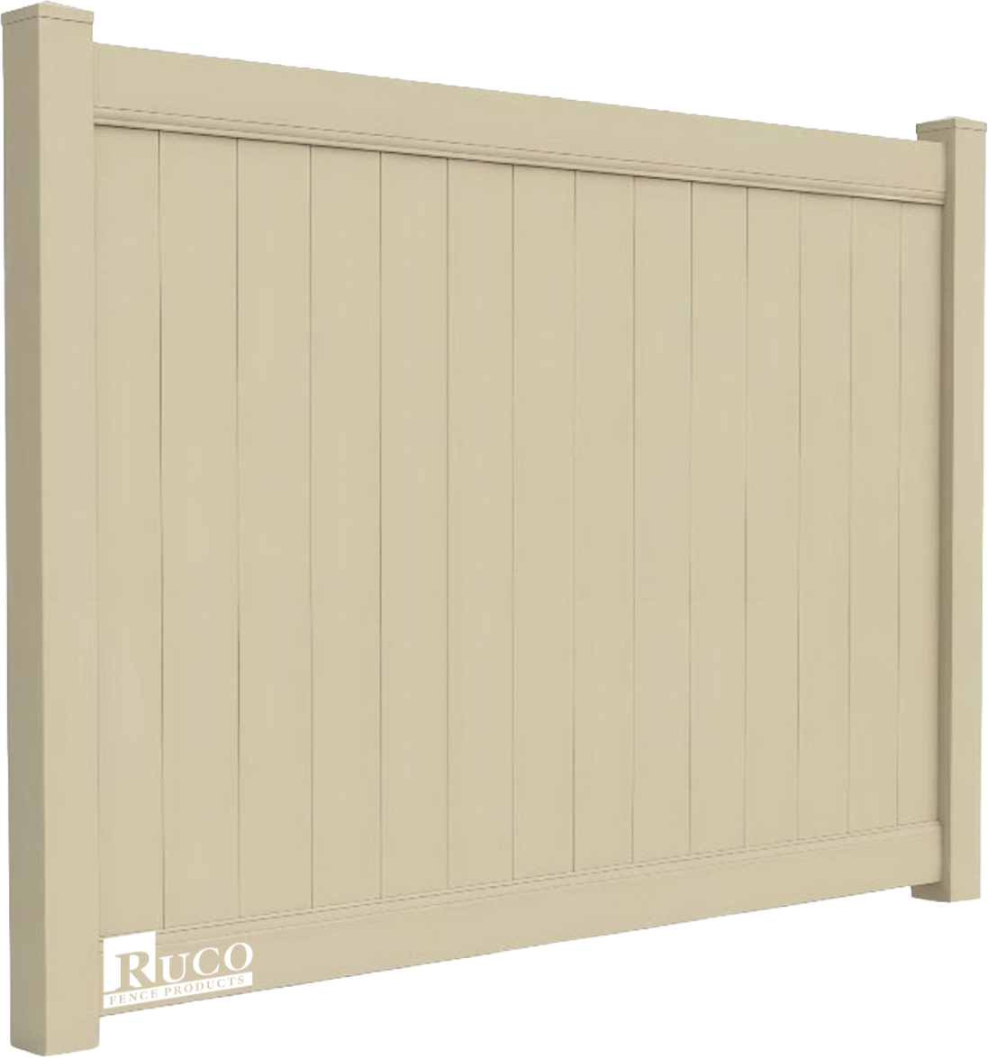 Beige vinyl privacy fence panel with vertical slats and posts
