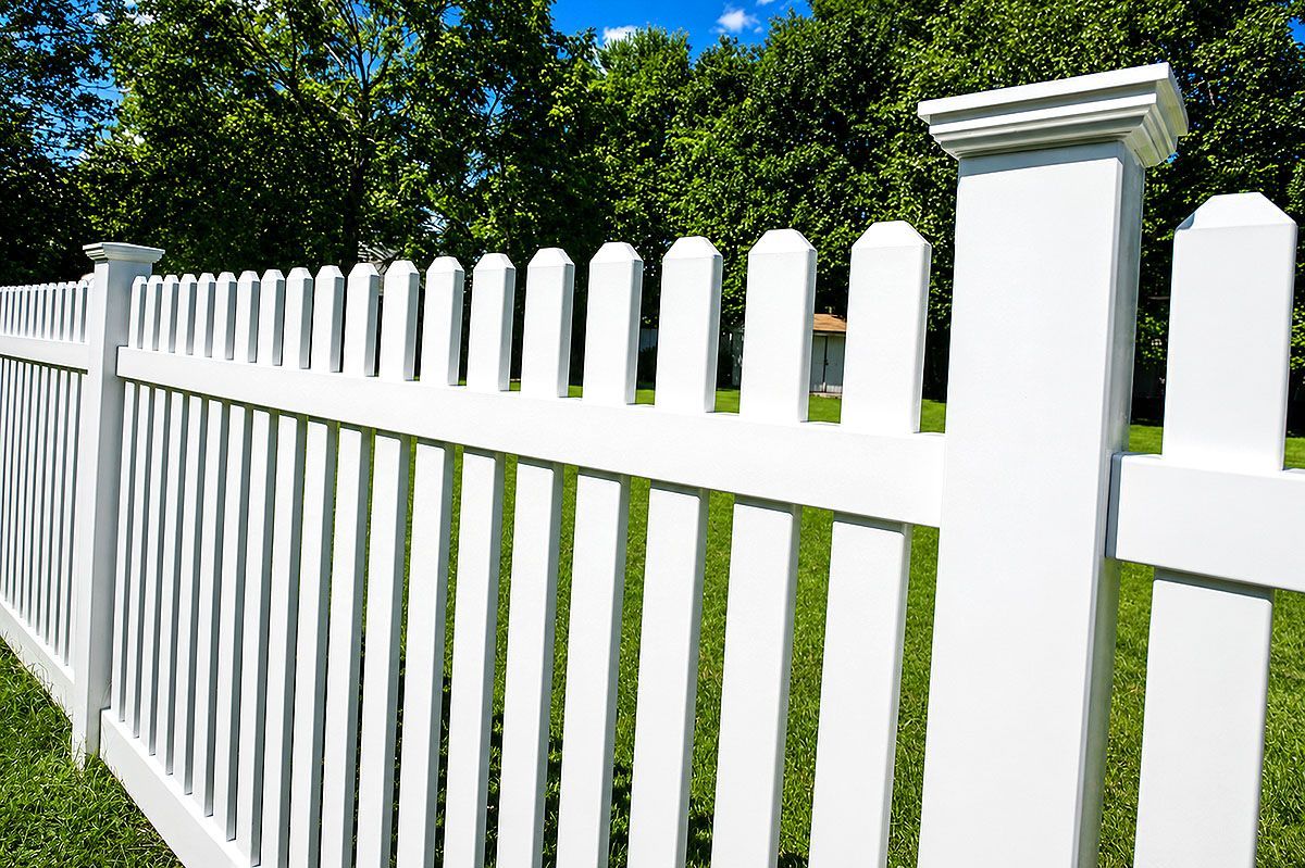 White picket fence with green lawn and blue sky behind it