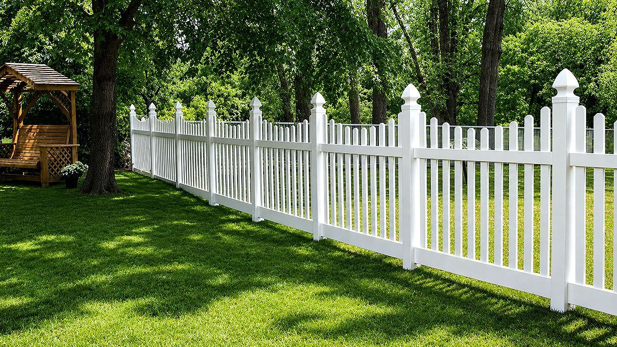 White picket fence along a green lawn beside trees and a wooden gazebo in a sunny yard