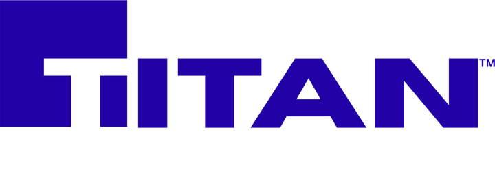 Titan logo in blue with a large blue square in the top left corner.