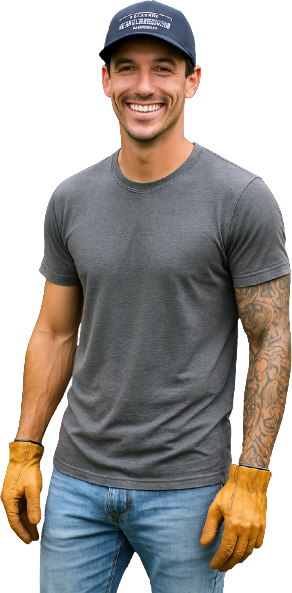 Man wearing gloves, a gray t-shirt, jeans, and a cap smiling.