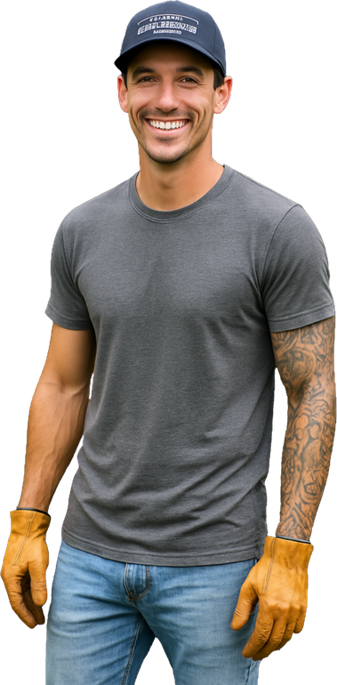 Man wearing gloves, a gray t-shirt, jeans, and a cap smiling.