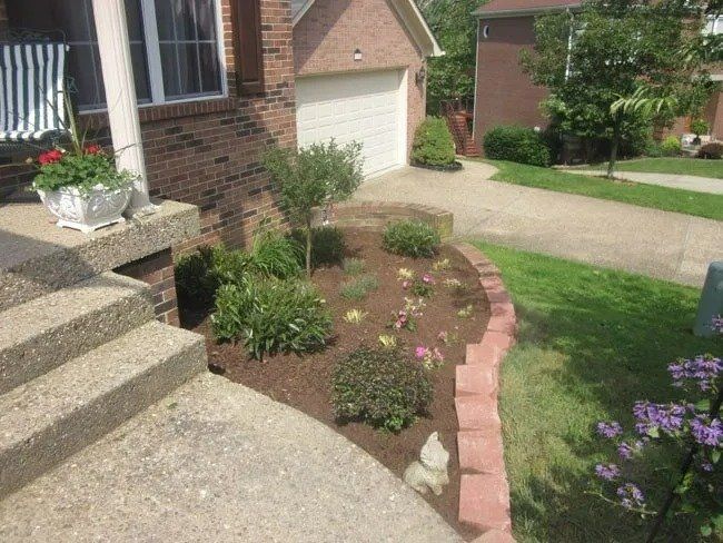 A brick-bordered flower bed with various green plants and flowers in front of a house with a concrete porch and a driveway.
