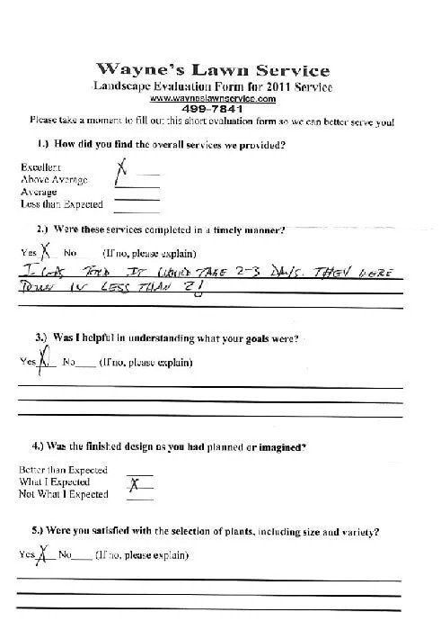 A completed customer satisfaction survey for Wayne's Lawn Service with handwritten responses about service quality.