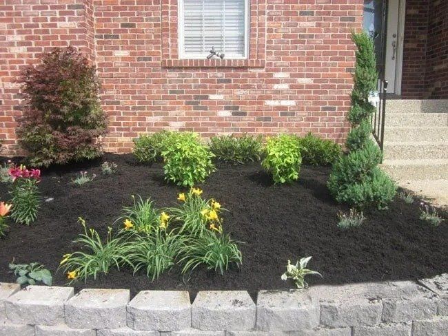 Brick house with landscaped front yard; mulch bed with various green plants and yellow flowers, in front of a low stone wall.