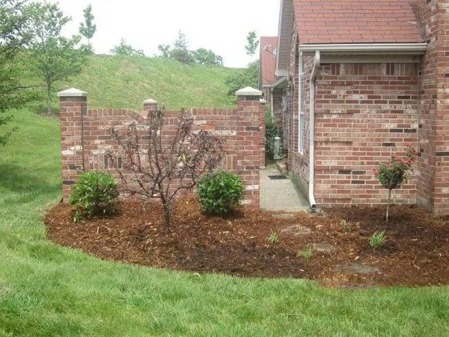 Brick wall and house exterior with a small garden bed in front, containing shrubs and mulch.