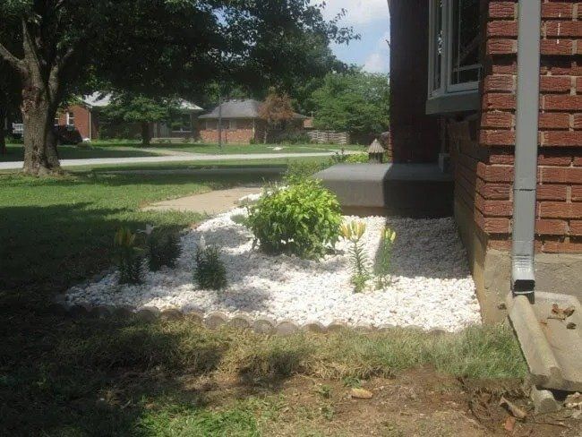 A flower bed with white gravel and green plants next to a brick building. A tree and neighborhood are in the background.
