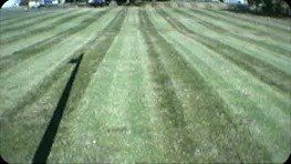 Green lawn with alternating light and dark stripes, a shadow of a pole in the foreground, and buildings in the distance.
