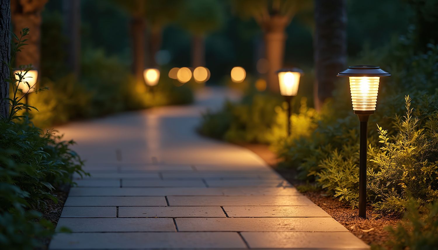 Warm garden bollard lights along a stone path showcasing premium exterior lighting services.