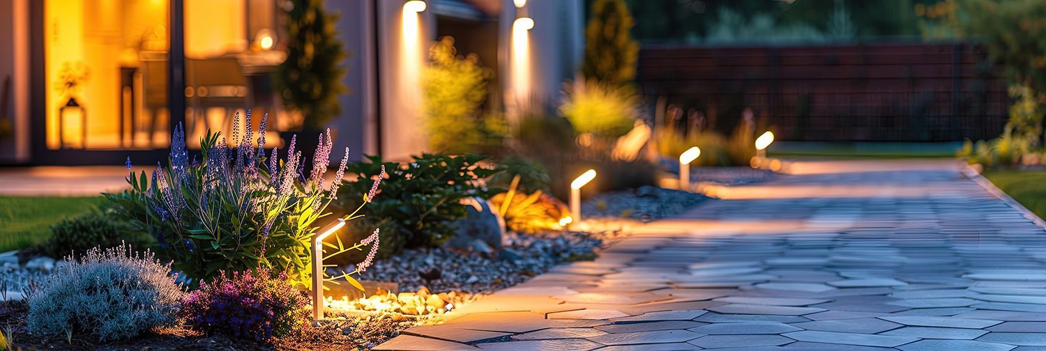 Safely lit garden walkway at dusk highlighting premium residential exterior lighting services.