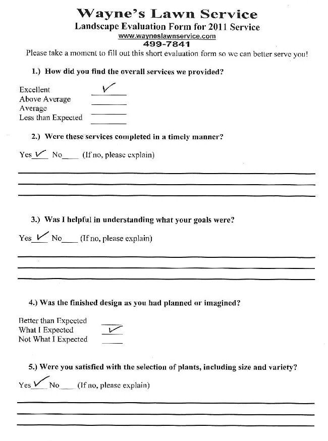 A customer service evaluation form for Wayne's Lawn Service. It asks about service quality, timeliness, and satisfaction with design and plant selection.