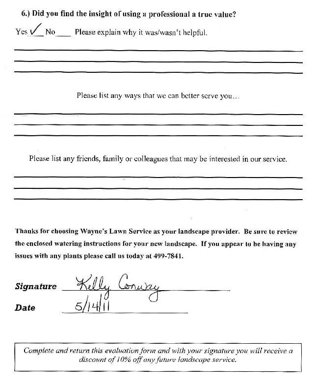 Handwritten feedback form; includes signature 