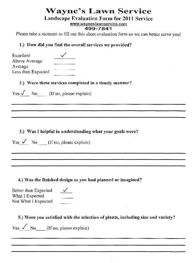 A lawn service evaluation form with checkmarks. The form asks about service quality, clarity, helpfulness, design fulfillment, and plant satisfaction.