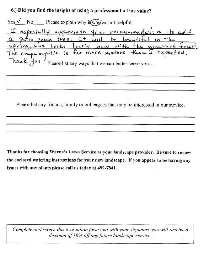 Customer feedback form with handwritten responses. The customer marked 
