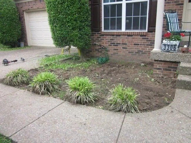 A house with a small front garden area. Brown dirt is surrounded by a sidewalk and a small trimmed shrub.