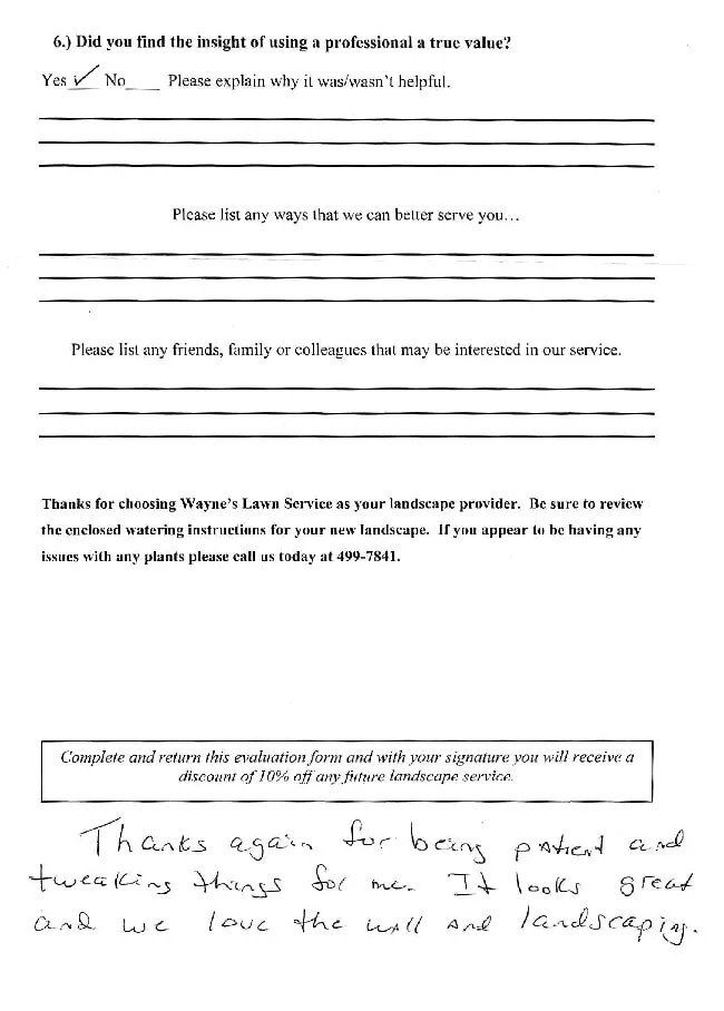 Handwritten note expressing satisfaction with landscaping work, mentioning tweaks and loving the wall and landscaping.