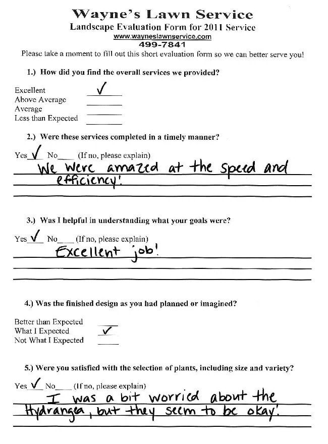 A filled-out customer evaluation form for Wayne's Lawn Service. A customer praises the speed and efficiency of the service and the 
