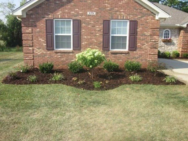 Brick house with dark shutters and a flower bed in front. The flower bed is filled with dark mulch and various plants.