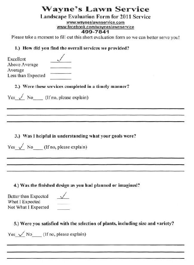 A customer satisfaction survey form for Wayne's Lawn Service, with checkmarks indicating excellent service quality.