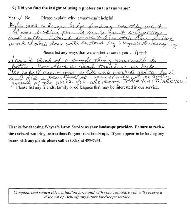 Handwritten customer feedback on a landscaping service, with a 