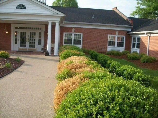 A brick building with white columns and a path leading to the entrance. A line of green and brown bushes borders the path.