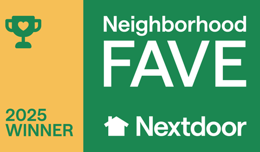 Neighborhood FAVE winner badge, 2025. Green and gold colors. Nextdoor logo and trophy graphic.
