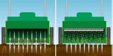 Comparison of two lawn aerators: one with solid tines, one with seed distribution.