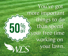 Green lawn background with a 50 off promotion. Text: You've got more important things to do than spend your free time working on your lawn. WLS logo.