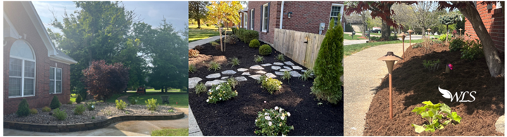 Landscaped yards with mulch, plants, stone path, and brick home in background.