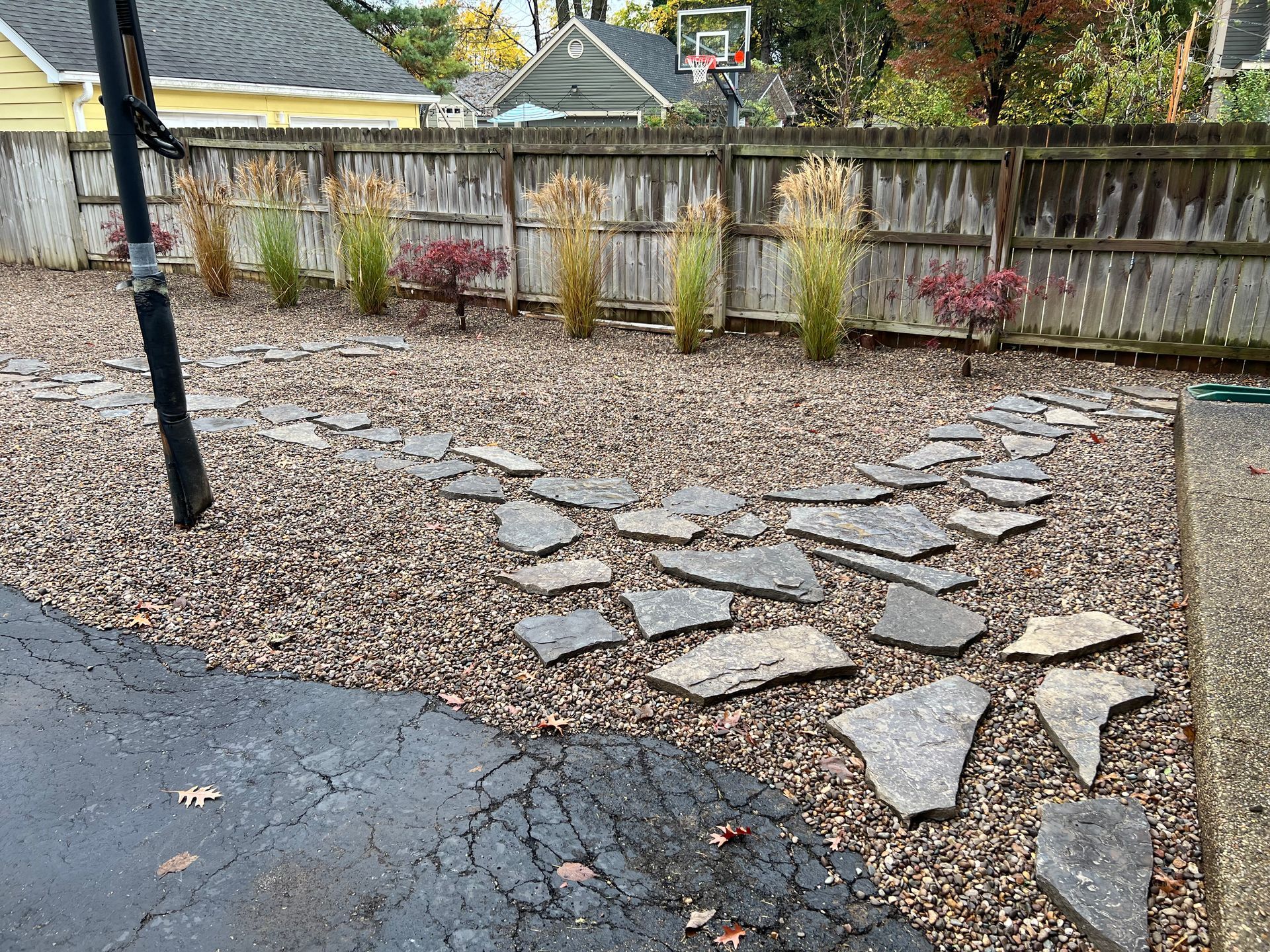 There is a Basketball Hoop in the Backyard with a Stone Salkway – Louisville, KY – Wayne's Lawn Service