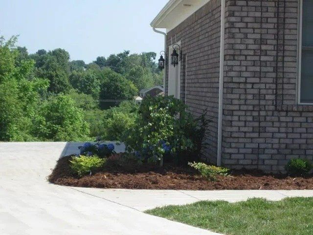 A house with a brick exterior and landscaped front yard. A concrete driveway curves around a bed of shrubs and mulch.
