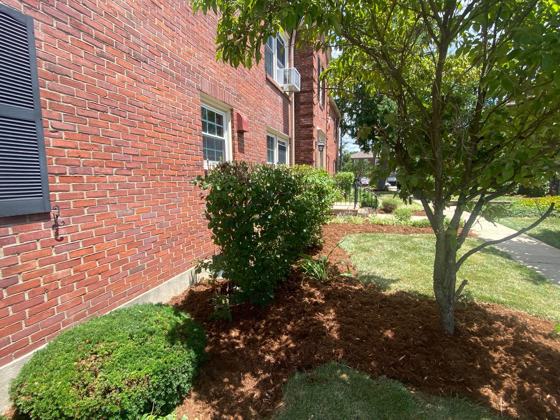 A brick building with a tree and bushes in front of it.