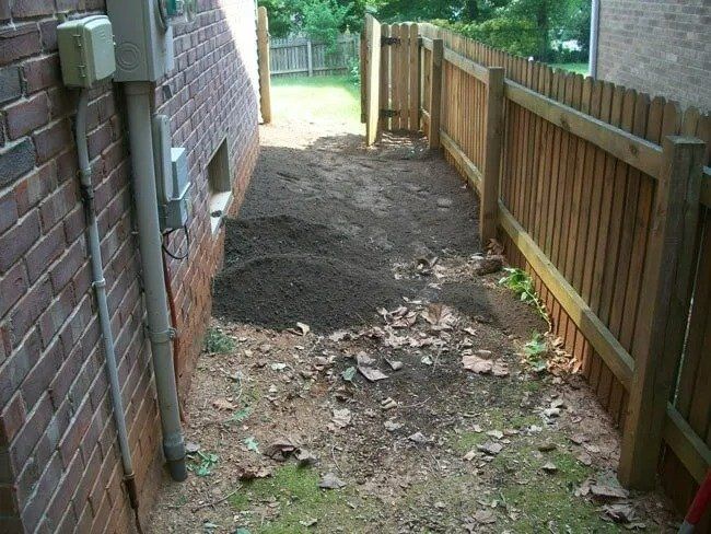 Narrow side yard with a wooden fence and a brick wall. Dirt and mulch are present; a small gate is visible at the end.