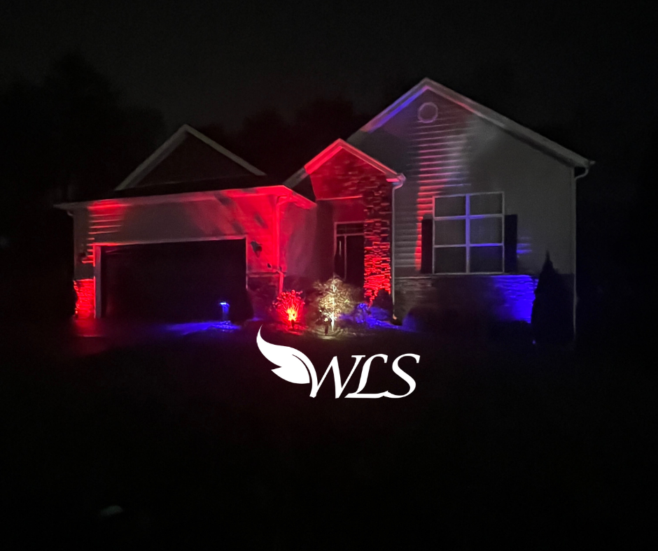 A house is lit up with red , white and blue lights at night.