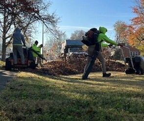Lawn care workers blowing leaves. Sunny day, one worker in green gear.  A truck and lawnmower present.