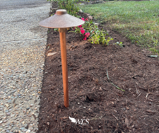 Bronze landscape light in a flower bed next to a paved path. Bronze landscape light in a flower bed next to a paved path.