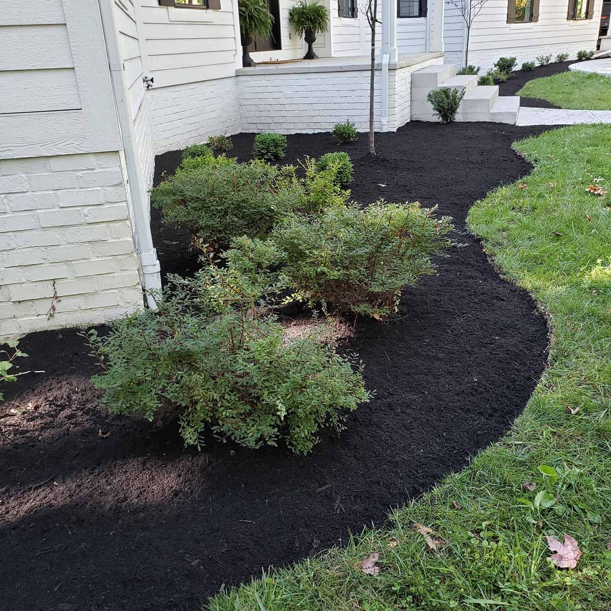 A white house with a black mulch walkway in front of it.