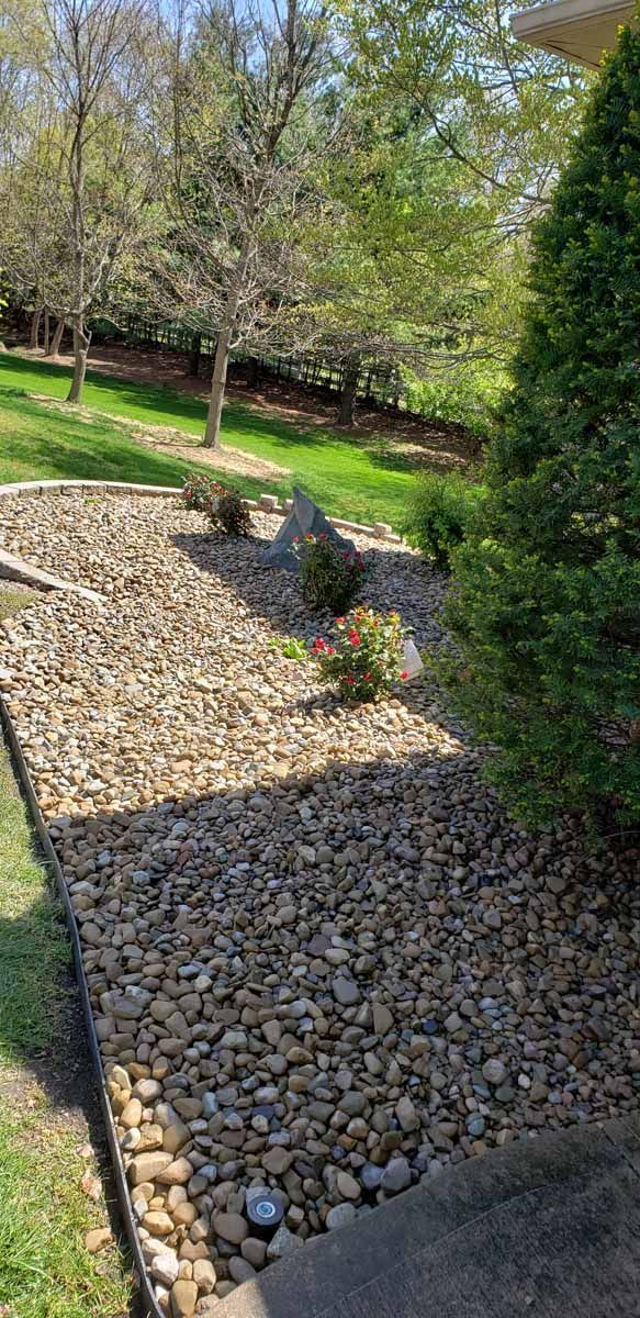 A stone walkway leading to a lush green yard with trees and bushes.