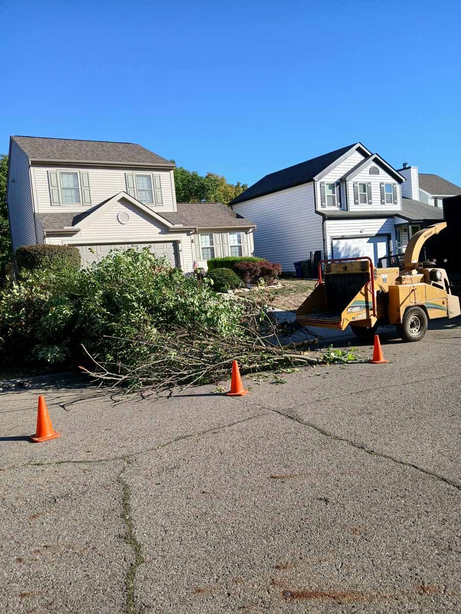 A tree chipper is cutting down a tree in front of a house.