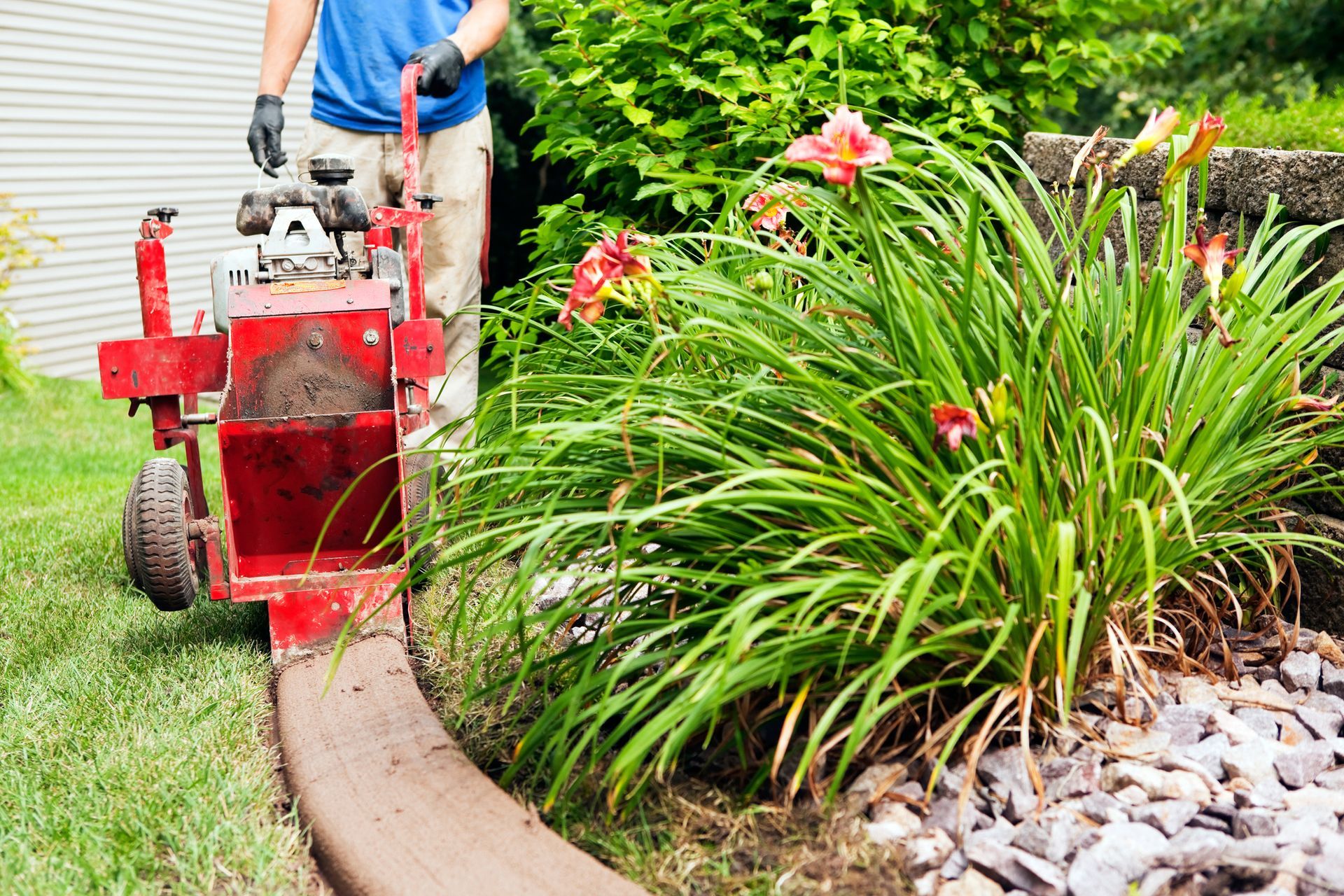 A man is using a machine to cut a curb in a garden.