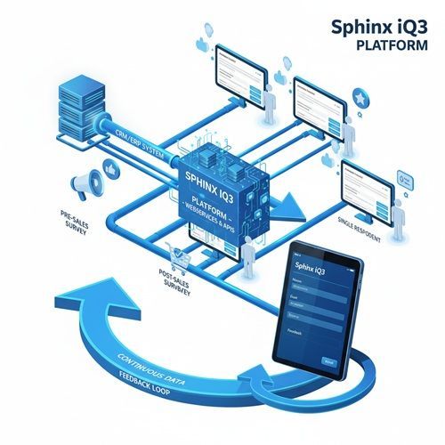 Diagrama da plataforma Sphinx iQ3: servidor de dados conectado a vários computadores e um tablet, mostrando pesquisas e ciclo de feedback.
