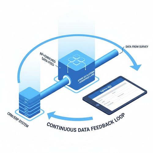 Diagrama de um ciclo de feedback de dados. Os dados de uma pesquisa alimentam uma plataforma que se conecta a um sistema CRM/ERP.