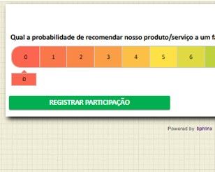 Uma pesquisa que pergunta a probabilidade de recomendar um produto/serviço, com uma escala móvel de 0 a 6. O valor selecionado é 0.