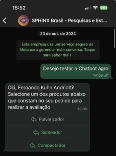 Captura de tela de uma conversa com o chatbot: Usuário solicita teste do chatbot. O bot solicita que o usuário selecione um produto: Pulverizador, Semeador ou Compactador.