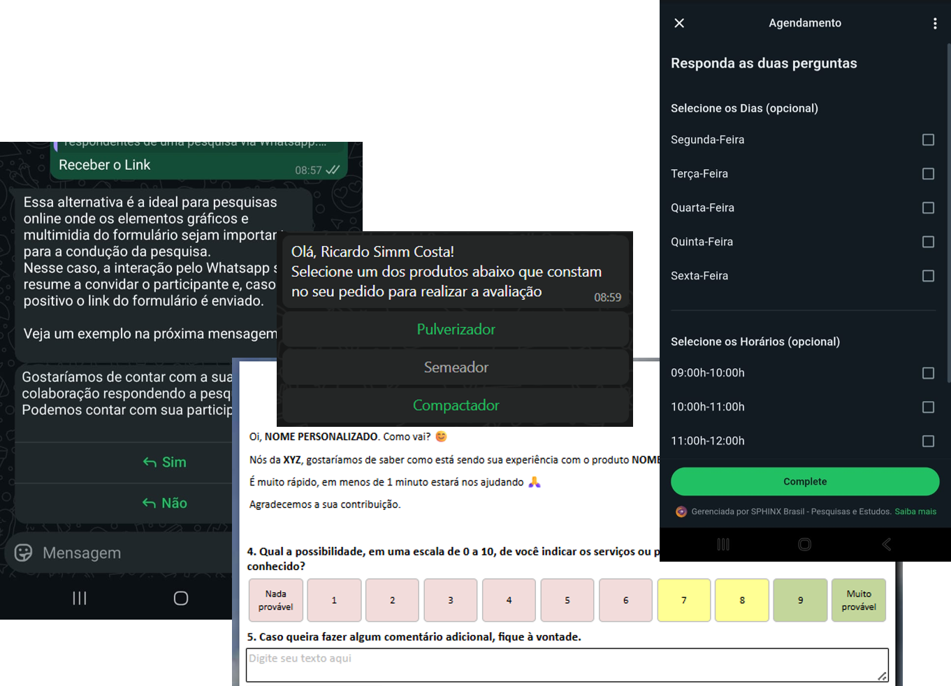 Capturas de tela de uma interface móvel mostrando mensagens, uma enquete e menu de configurações com marcas de seleção e seleções destacadas.